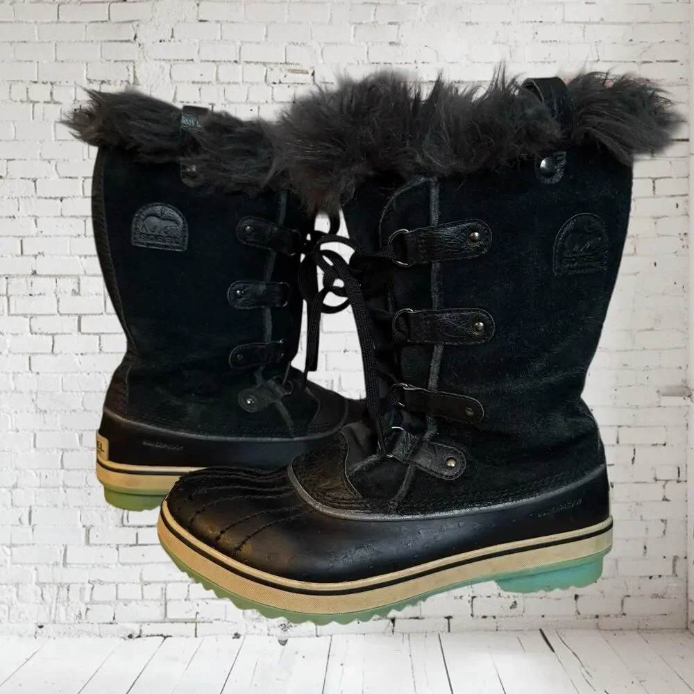 Sorel Joan of Arctic Black Boots Sz 7 Womens Cold Weather Lace Up Faux Fur‎ Trim